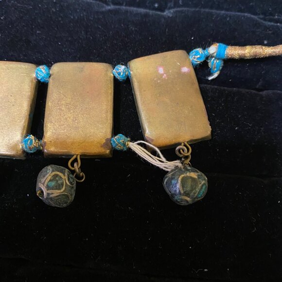 Vintage Bohemian Blue & Gold Gypsy Choker Necklace With Beaded Pendants - Picture 16 of 16